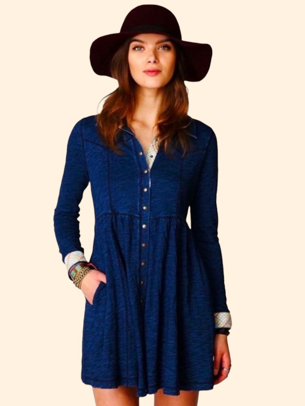 Free People‎ Indigo Knit Long Sleeve Button Down Shirt Dress Coastal Cowgirl S